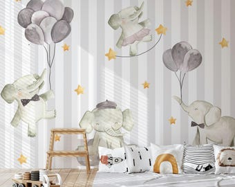Cheerful Flying Baby Elephants Wallpaper Self Adhesive Peel and Stick Wall Murals Wall Decoration Minimalistic Scandinavian Removable