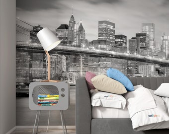 Manhattan Skyscrapers Brooklyn Bridge Black White New York USA Wallpaper Self Adhesive Peel and Stick Wall Mural Wall Decoration Removable