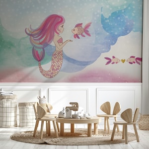 Mermaid and Japanese Fish Soft Colorful Background Wallpaper Self Adhesive Peel and Stick Wall Decoration Scandinavian Design Removable