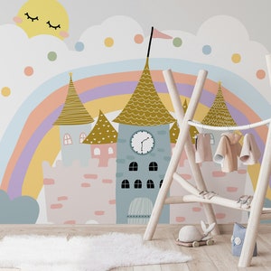 Rainbow Castles Sleeping Sun Clouds Blue Heart Wallpaper Self Adhesive Peel and Stick Wall Decoration Scandinavian Removable