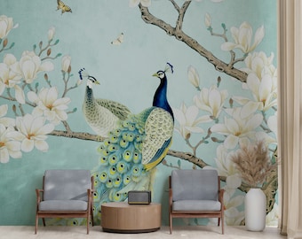 Peacock White Flowers On The Blue Background Animal Wallpaper Self Adhesive Peel and Stick Wall Mural Wall Decoration Removable