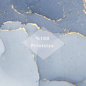 May include: Abstract art print with a blue and gold color scheme. The print features a swirling, marbled pattern with gold accents. The text "100% Printsize" is visible in the center of the image.