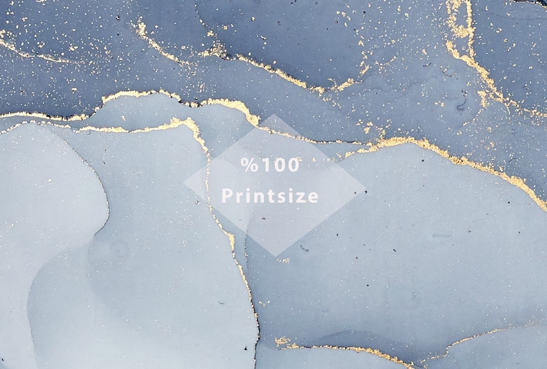 May include: Abstract art print with a blue and gold color scheme. The print features a swirling, marbled pattern with gold accents. The text "100% Printsize" is visible in the center of the image.