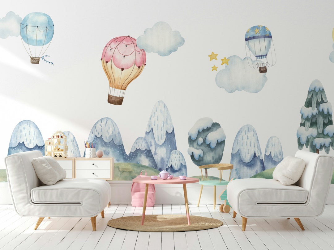 Mountain Wallpaper Peel and Stick Hot Air Balloon Wall Mural Nursery ...