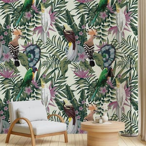 Tropical Rainforest Birds Parrot Hoopoe Exotic Jungle Flowers Plants Wallpaper Self Adhesive Peel and Stick Wall Murals Wall Decoration