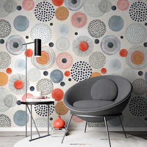 Abstract Doodle Circles Wallpaper | Pastel Colors Peel and Stick Wall Mural | Modern Wall Decor