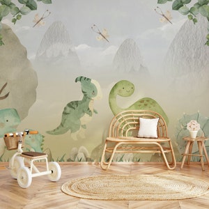 Cute Dinosaur Wallpaper Green Wall Mural Kids Room Peel and Stick