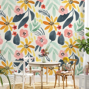 Carta da parati autoadesiva con fiori multicolori, motivo floreale ad acquerello, decorazione murale, design scandinavo, rimovibile