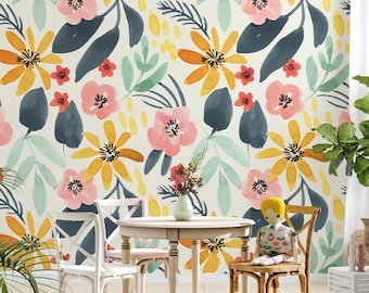 Watercolor Floral Wallpaper, Peel and Stick Removable Wall Mural