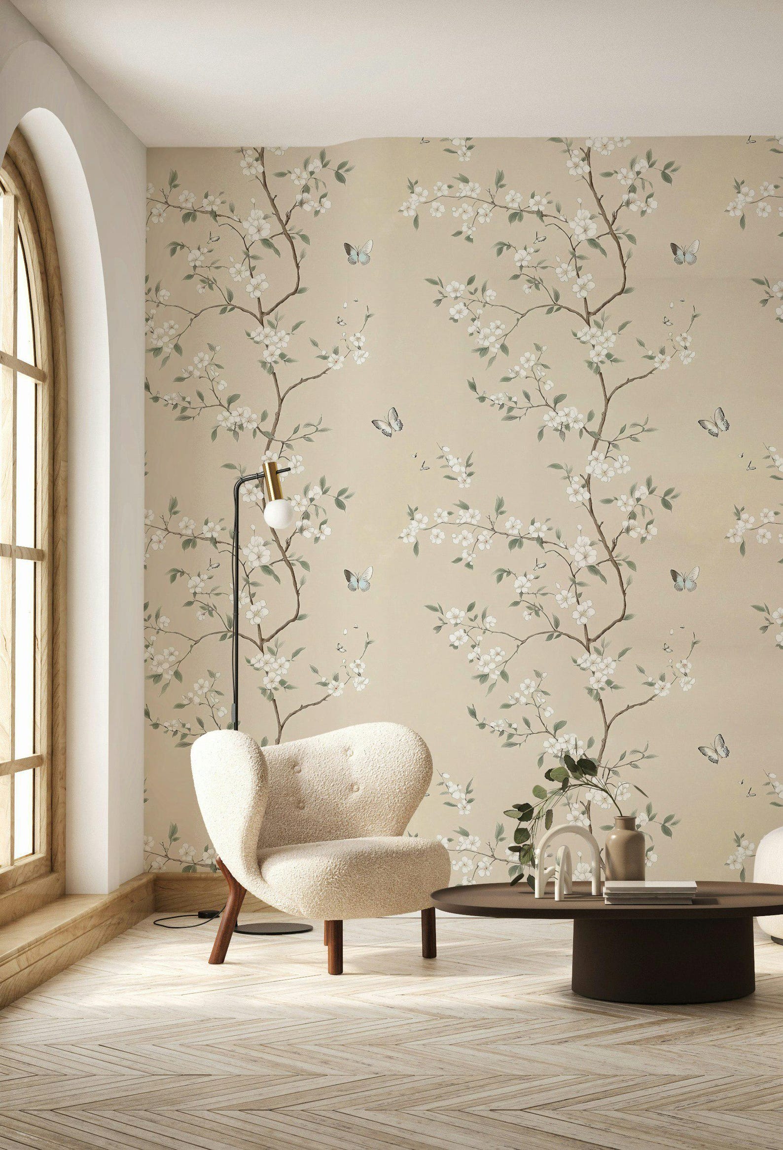 Delicate Floral Wallpaper With Butterflies Minimalist Blossom Design on ...