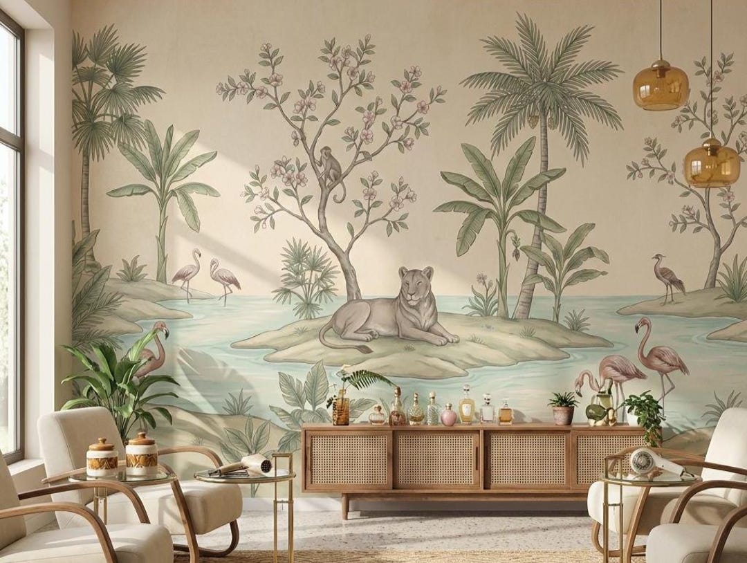 Tropical Wildlife Wallpaper Mural for Bedroom With Exotic Animals - Etsy