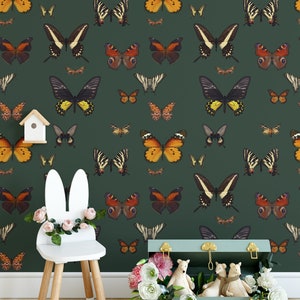 Different Breeds of Colorful Cutterflies on Dark Green Background Animal Wallpaper Self Adhesive Peel and Stick Wall Decoration Removable