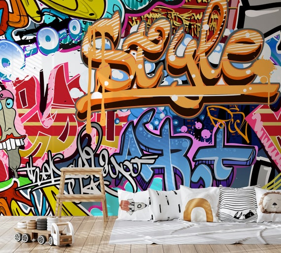ストリートアート グラフィティ 鮮やかな色の背景壁紙 自己粘着 剥がし