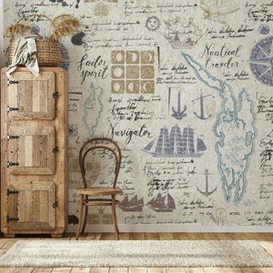 Nautische Reisende Segeln Schiffe Kompass Handschrift Tapete Selbstklebendes Schälen und Aufkleben Wandbild Wanddekoration Entfernbar