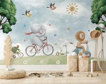 Papier peint animaux mignons, dessin animé, éléphant, papier peint autocollant, décoration murale pour chambre d'enfants