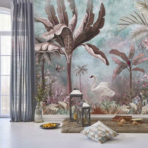 White Swan Trees Plants Flowers Floral Wallpaper Self Adhesive Peel and Stick Wall Murals Wall Decoration Scandinavian Design Removable