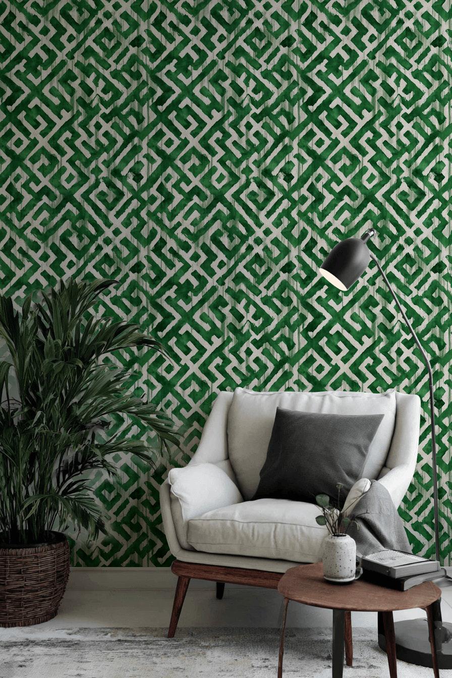 Green Geometric Wallpaper Watercolor Peel and Stick Abstract Wall Mural ...