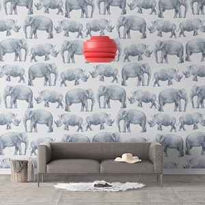 Carta da parati autoadesiva con elefanti e rinoceronti, motivo animali africani, decorazione murale scandinava rimovibile