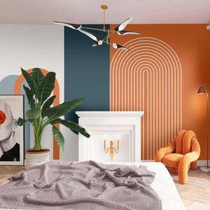 Orange and Dark Colored Random Geometric Shapes Luxury Wallpaper Self Adhesive Prepasted Peel and Stick Wall Decor Wall Murals Removable