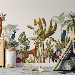 Tropical Exotic Trees Banana Palm Leaves African Animals Wallpaper Self Adhesive Peel and Stick Wall Murals Wall Decoration Removable
