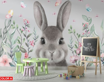 Papier peint lapin de Pâques, décoration murale végétale à fleurs, décoration murale pour chambre d'enfant, papier peint autocollant
