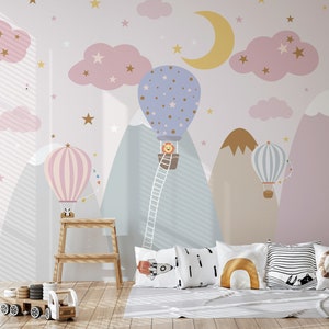 Stelle Nuvole rosa Mongolfiere Luna crescente Montagne colorate innevate Carta da parati autoadesiva Rimuovi e incolla Murale da parete rimovibile
