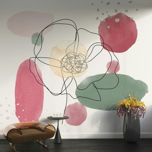 Carta da parati astratta con forme casuali di fiori e margherite nere, autoadesiva, decorazione murale rimovibile