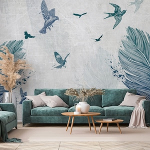 Papel pintado de plumas, pájaros voladores, pelar y pegar, mural de pared extraíble