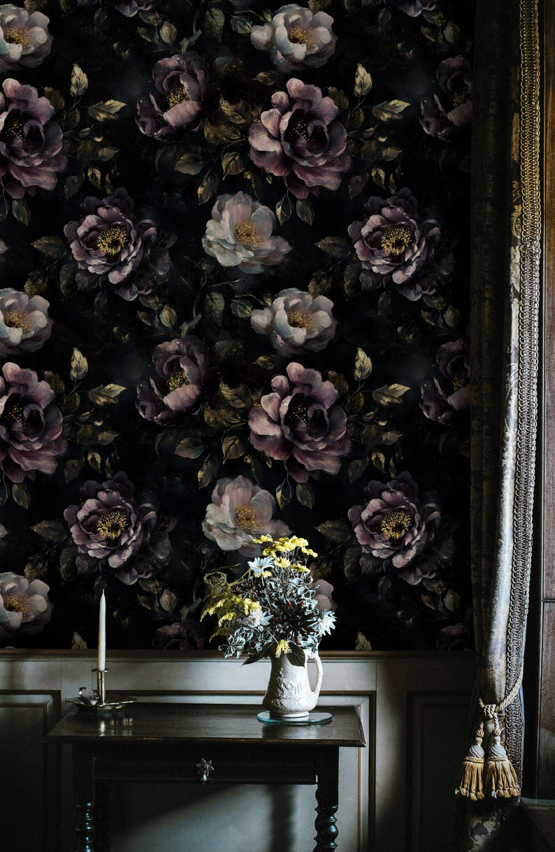 Dark Floral Wallpaper Mural Moody Rose Oil Painting Wall Art Elegant ...