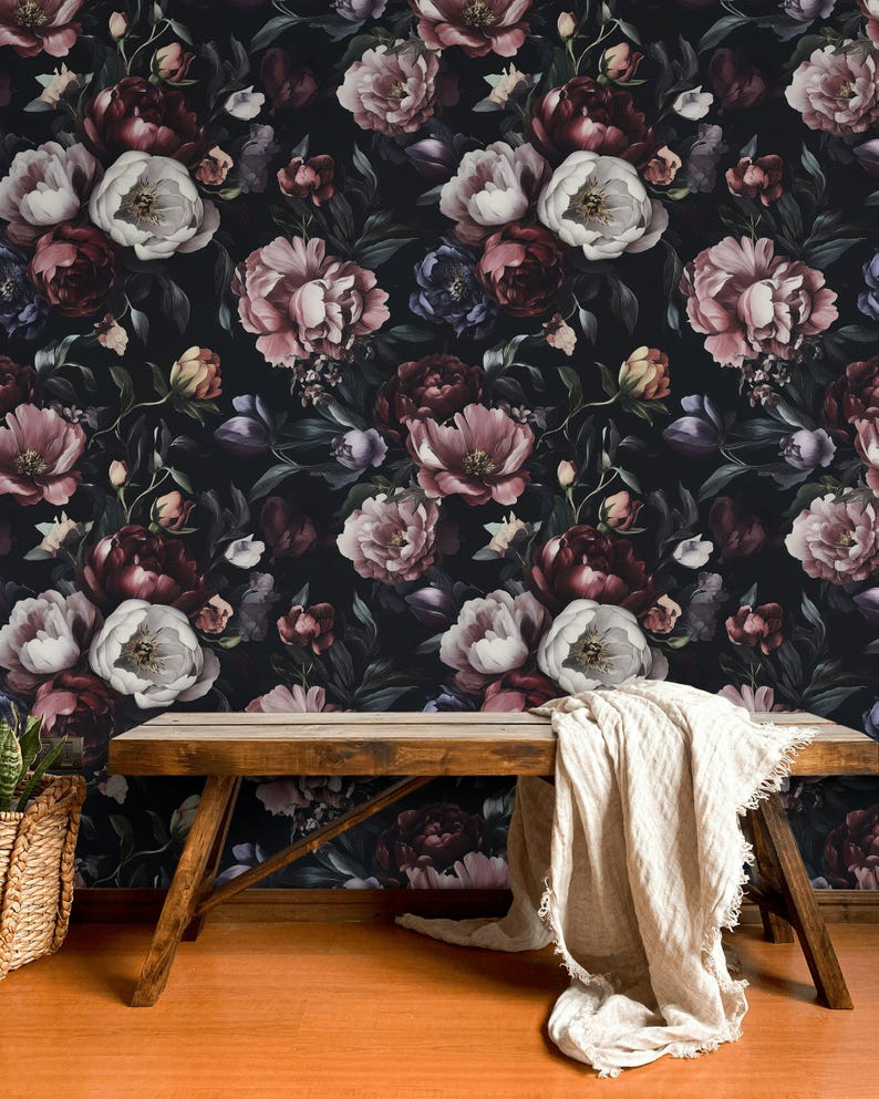 Dark Peony Wallpaper Floral Bouquet Peel and Stick Dramatic Wall Mural ...