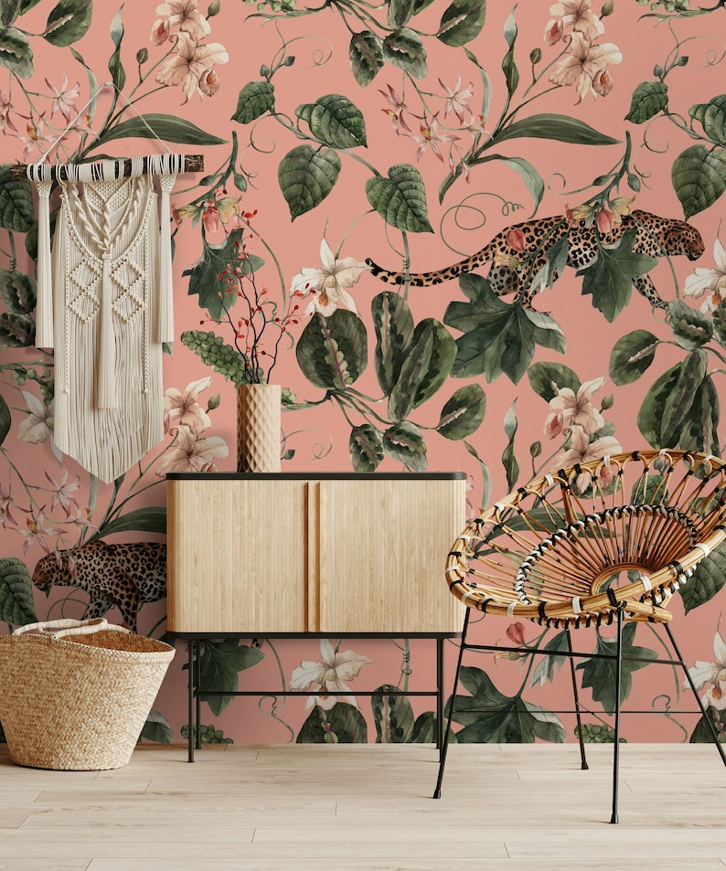 Tropical Orchid Leopard Wallpaper, Exotic Peel and Stick Wall Mural - Etsy