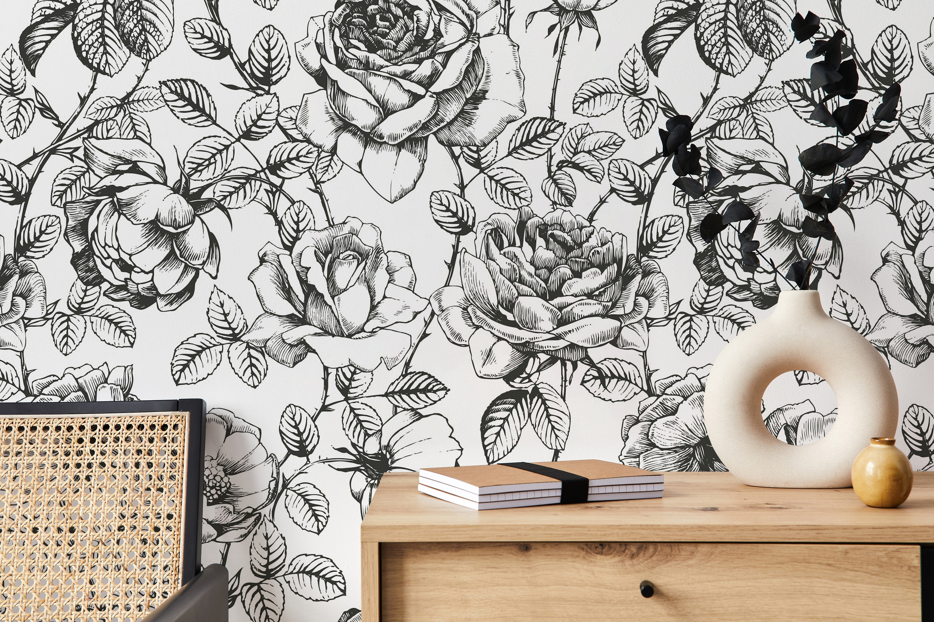 Black and White Floral Wallpaper, Sketch Flower Peel and Stick Wall ...