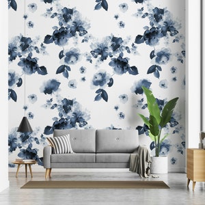 Tapete mit Aquarell-Blau-Blumen auf dem weißen Hintergrund-Blumen-selbstklebend schälen und aufkleben Haus-Wanddekoration entfernbar