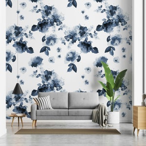 Watercolor Blue Flowers On The White Background Floral Wallpaper Self Adhesive Peel and Stick Home House Wall Decoration Removable