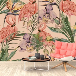 Pink Flamingos Tropical Plants Background Modern Wallpaper Self Adhesive Peel and Stick Wall Mural Wall Decoration Removable