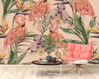 Pink Flamingo Wallpaper | Tropical Plant Peel and Stick Wall Mural