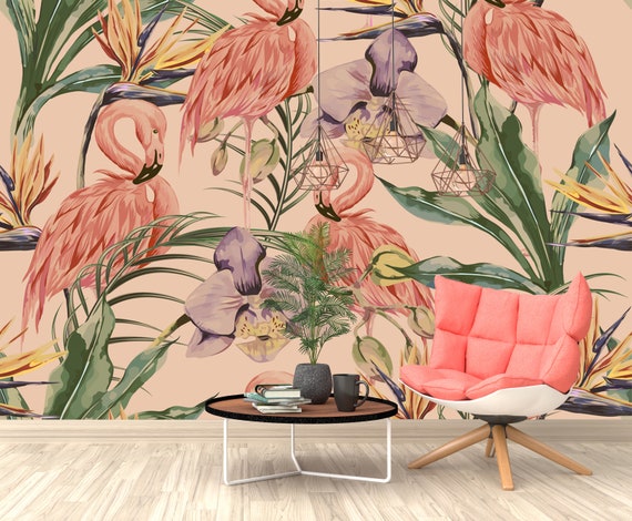Pink Flamingo Wallpaper | Tropical Plant Peel and Stick Wall Mural