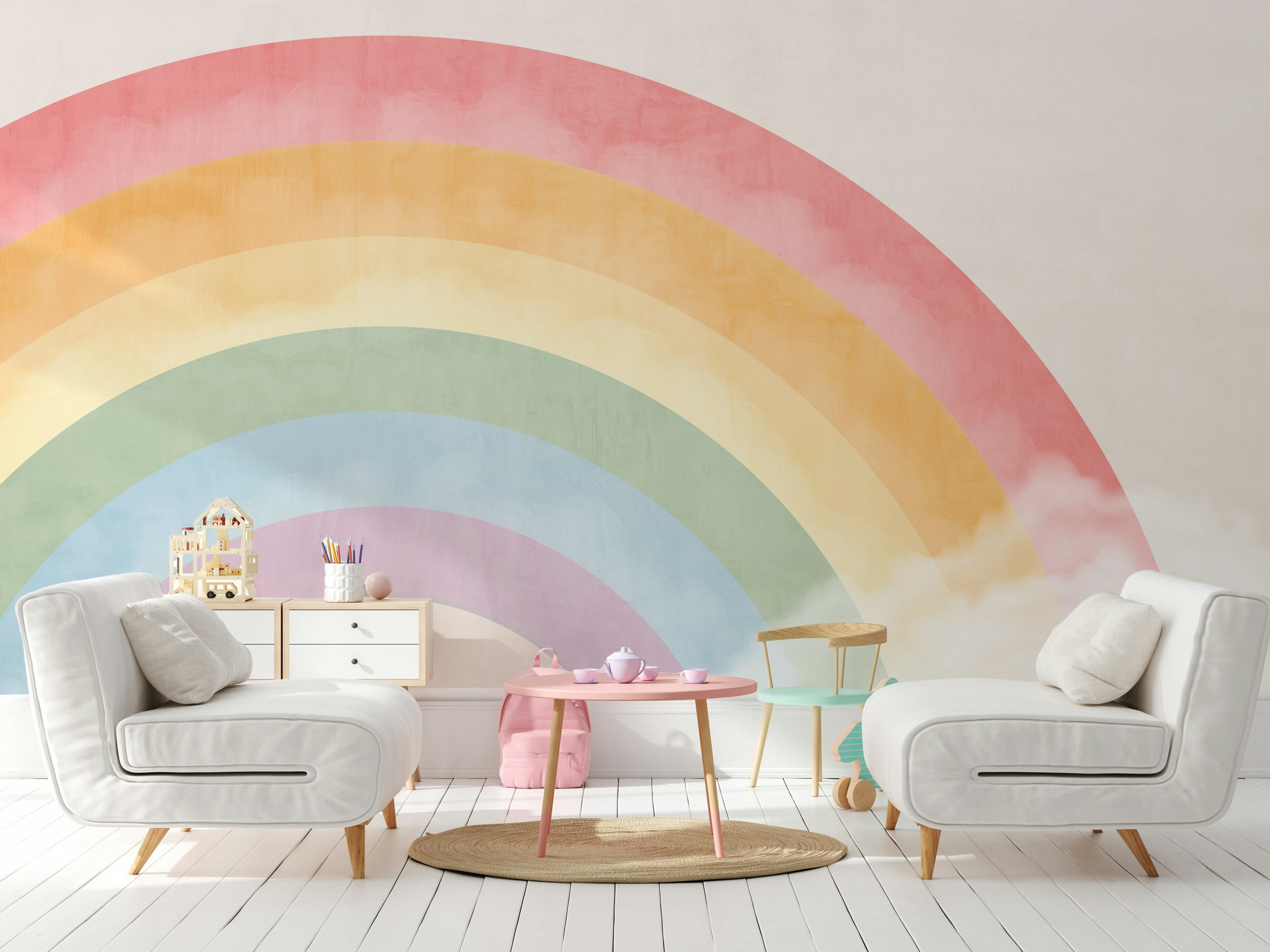 Pastel Rainbow and Clouds Kids Wallpaper for Nursery and Children's ...