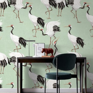 Carta da parati con gru in bianco e nero/murale con sfondo verde staccabile e incolla/decorazione naturale elegante