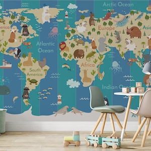 Lindos animales Fondo azul Mapa del mundo Colorido Papel tapiz autoadhesivo Peel and Stick Mural Mural Decoración de la pared Diseño extraíble