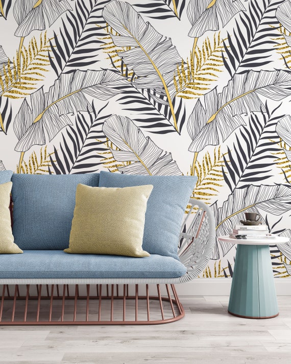 Black White Gold Look Exotic Tropical Leaves Wallpaper Self - Etsy Australia Black White Gold Look Exotic Tropical Leaves Wallpaper Self - Etsy Australia