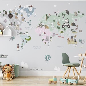 Continentes de colores Animales divertidos Mapa del mundo Papel tapiz Autoadhesivo Peel and Stick Home House Decoración de la pared Diseño escandinavo Extraíble