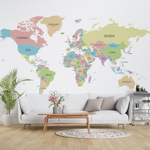 Colorful Continents On The White Background World Map Wallpaper Self Adhesive Peel and Stick Wall Mural Wall Decoration Removable