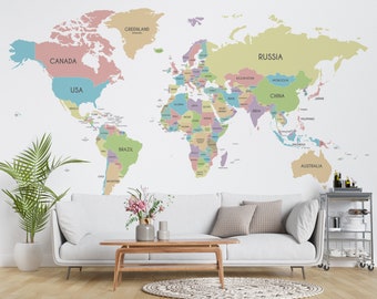 Colorful Continents On The White Background World Map Wallpaper Self Adhesive Peel and Stick Wall Mural Wall Decoration Removable