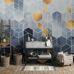 Geometric Abstraction of Hexagons on a Blue Background with Gold Look Elements Wallpaper Self Adhesive Peel & Stick Wall Mural