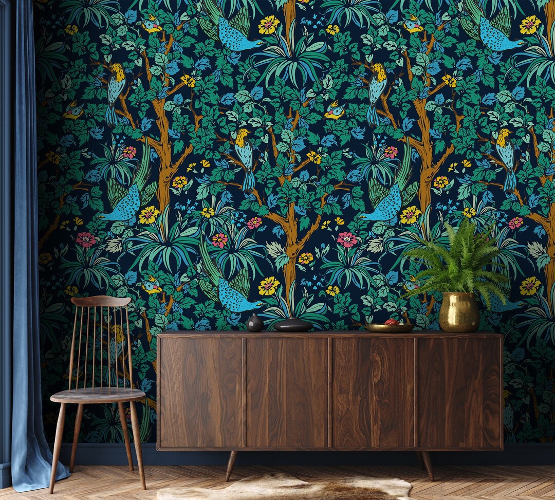 Whimsical Woodland Birds Wallpaper and Blooms Navy Wall Mural Garden ...