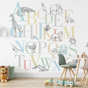 Colorido alfabeto letra dibujo a mano animales papel pintado habitación de los niños guardería autoadhesivo Peel & Stick decoración de la pared escandinavo extraíble