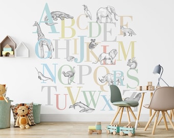Colorful Alphabet Letter Hand Drawing Animals Wallpaper Kids Room Nursey Self Adhesive Peel & Stick Wall Decoration Scandinavian Removable