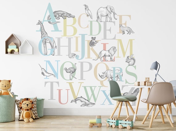 Colorful Alphabet Letter Hand Drawing Animals Wallpaper Kids - Etsy