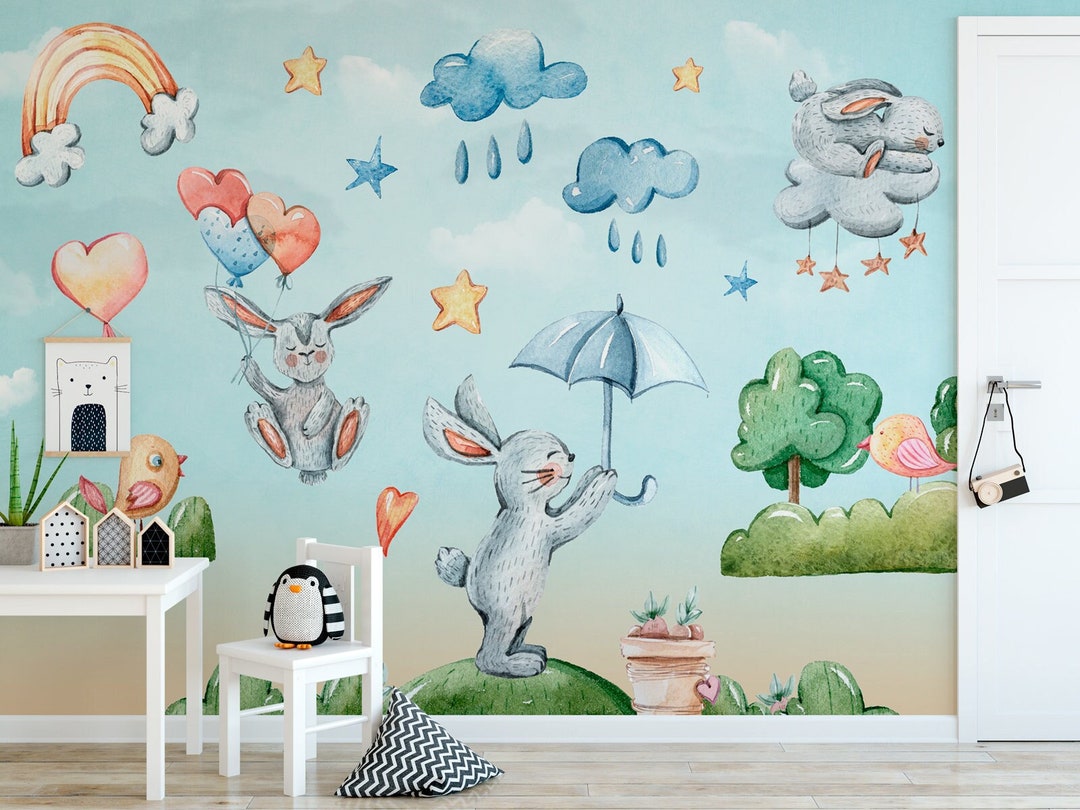 Rain Clouds Wallpaper Playroom Peel and Stick Nursery Wall Mural ...